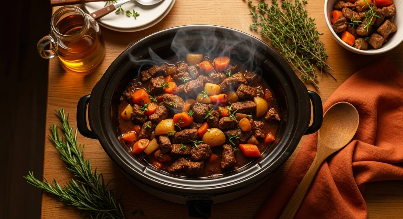 A rustic slow cooker filled with hearty stew on a wooden table